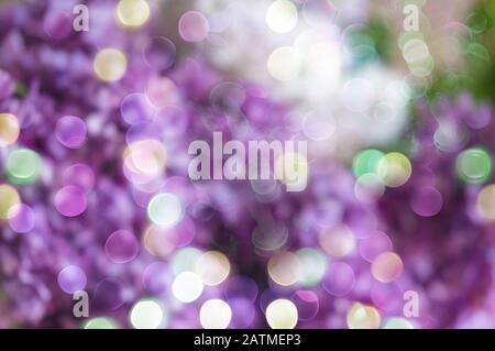 Defocused bokeh background of purple lilac flowers with artistic bokeh lights. Spring romantic modern floral background Stock Photo