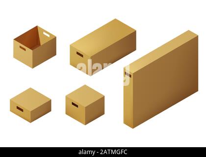 Set Isometric carton packaging box. 3D realistic icons. Box cardboard, craft packaging, isolated vector illustration Stock Vector