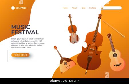 Musical landing page. Stringed musical instruments. Design layout for banners presentations, web site template. Vector illustration Stock Vector