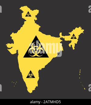 India map with biohazard virus sign illustration in black and yellow Stock Vector