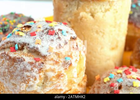 homemade kulich, easter cake with candy butterflies close up Stock Photo