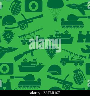 seamless pattern of military icons in green silhouettes. Vector image Stock Vector
