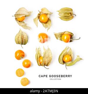 Physalis fruit collection and creative pattern isolated on white background. Healthy eating and dieting food concept. Cape gooseberry composition and Stock Photo