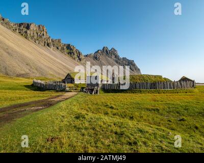 Panorama the viking village in Stokksnes, Iceland with Vestrahorn mountain in the background Stock Photo