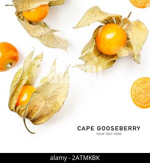 Creative layout with fresh physalis fruit on white background. Healthy eating and food concept. Cape gooseberry composition. Top view, flat lay Stock Photo