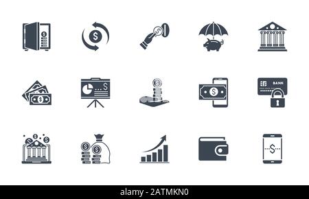 Banking icons set. Related vector glyph icons. Stock Vector