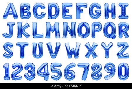 English alphabet and numbers made of blue inflatable helium balloons isolated. Foil balloon font colored in classic blue color of the year 2020, full Stock Photo