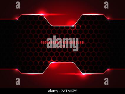 Abstract black and red metallic frame with lighting on hexagons texture pattern technology innovation concept background. Vector illustration Stock Vector