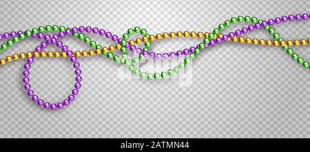 Vector illustration of Mardi Gras beads in traditional colors. Decorative glossy realistic elements for design Mardi Gras. Beads Isolated on Stock Vector