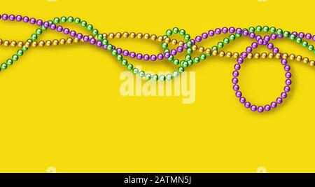 Vector illustration of Mardi Gras beads in traditional colors on yellow background. Decorative glossy realistic elements for design Mardi Gras. Beads Stock Vector