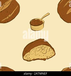 Seamless pattern of sketched Boule bread. Useable for wallpaper or any sized decoration. Handdrawn Vector Illustration Stock Vector