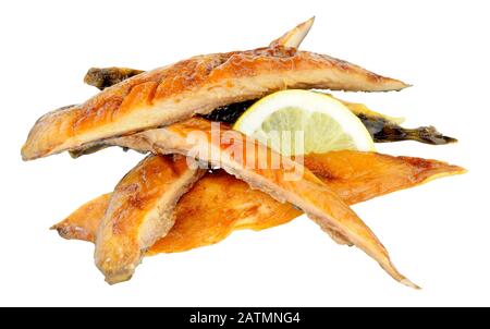 Hot smoked mackerel fish strips isolated on a white background Stock Photo