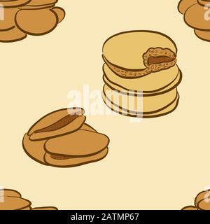 Seamless pattern of sketched Dorayaki bread. Useable for wallpaper or any sized decoration. Handdrawn Vector Illustration Stock Vector