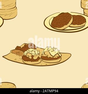 Seamless pattern of sketched English muffin bread. Useable for wallpaper or any sized decoration. Handdrawn Vector Illustration Stock Vector