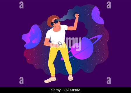 Man is playing virtual reality video game. Space environment in gameplay. On violet background. Flat style vector Stock Vector