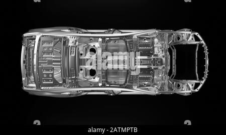 Side view of production sedan car stainless steel or aluminium body and chassis frame. Metallic vehicle framing base isolated against black background Stock Photo