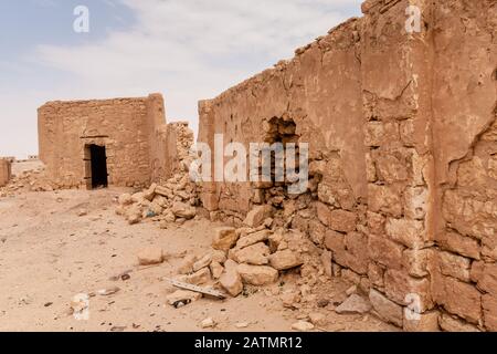 Buildings of the abandoned and dilapidated surface water collecting and treatment plant in Khafs Daghrah, Saudi Arabia Stock Photo