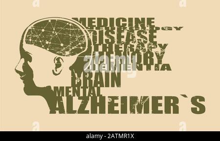 Abstract illustration of a human head with brain. Woman face silhouette. Medical theme creative concept. Connected lines with dots. Alzheimers disease Stock Vector