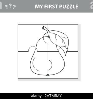 My first puzzle - fruits, puzzle and coloring book task, game for preschool kids. Pear Stock Vector