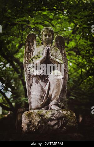 An old kneeling stone sculpture of a praying angel in Rakowicki Cemetery in Krakow, Poland Stock Photo