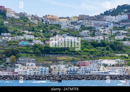 Capri is an island located in the Tyrrhenian Sea off the Sorrento Peninsula, on the south side of the Gulf of Naples in the Campania region of Italy. Stock Photo