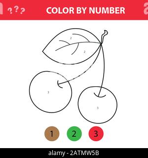 Cherry - painting page, color by numbers. Worksheet for education. Game for preschool kids. Stock Vector