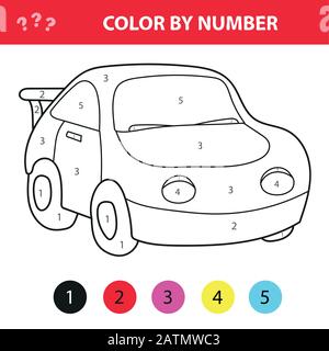 Puzzle game police car, color by number sheet for children. Vector coloring  page for learning numbers Stock Vector