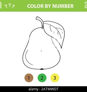 Pear - painting page, color by numbers. Worksheet for education. Game for preschool kids. Stock Vector