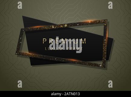 Vector geometric black banner with sparkling golden sequins frame. Premium label design for logo or cover tagline. Stock Vector