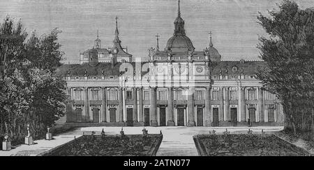 España. Provincia de Segovia. San Ildefonso. Palacio Real de La Granja de San Ildefonso. Dibujo por Fernando Miranda. Grabado por Sierra. Crónica general de España, Historia Ilustrada y Descriptiva de sus Provincias. Castilla-La Vieja, 1870. Biblioteca Histórico Militar de Barcelona, Cataluña, España. Stock Photo