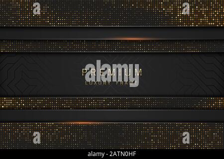 Vector black and gold abstract headline luxury frame. Sparkling sequins on black background. Horizontal line premium label design. Stock Vector