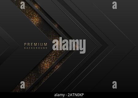 Vector abstract black layered background with golden halftone effect. Glitter dotted sparkles shine texture. Dark laminate material arrow shape. Stock Vector