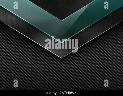 Vector black carbon fiber background with corner brushed metal plate and green transparent glass. Industrial elegant arrow design illustration. Stock Vector