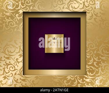 Vector luxury vintage square frame golden background. Vip invitation or announcement card paper cut design. Gold floral pattern and purple color Stock Vector