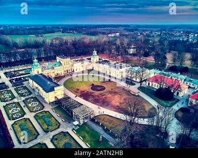 Beautiful panoramic aerial drone view to Wilanow Palace or Wilanowski Palace - is a royal palace located in the Wilanow district, Warsaw, Poland in go Stock Photo