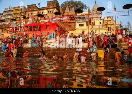 people at the Ganges in Varanasi Stock Photo