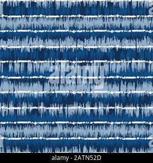 Indigo Tie Dye Icat Irregular Horizontal Stripes Vector Seamless Pattern. Spring-Summer Traditional Boho Repeat Print in Classic Blue Tones for Fashio Stock Vector