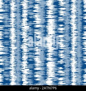 Indigo Tie Dye Icat Irregular Vertical Stripes Vector Seamless Pattern. Spring-Summer Traditional Boho Repeat Print in Tonal Classic Blue for Fashion Stock Vector