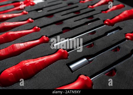 Professional work tools set for technicians in a stylish box Stock Photo