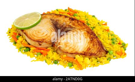 Grilled swordfish loin steak and vegetable rice meal isolated on a white background Stock Photo