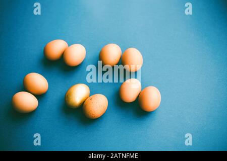Raw chicken eggs with golden egg on classic blue background Stock Photo