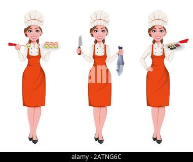 Beautiful young chef woman, set of three poses with Japanese food. Pretty cook lady in professional apron and hat. Stock vector illustration Stock Vector