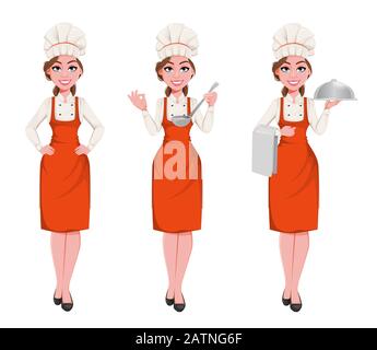 Beautiful young chef woman, set of three poses. Pretty cook lady in professional apron and hat. Stock vector illustration Stock Vector
