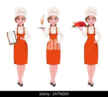 Beautiful young chef woman, set of three poses. Pretty cook lady in professional apron and hat holds clipboard, holds cocktail and holds fried chicken Stock Vector