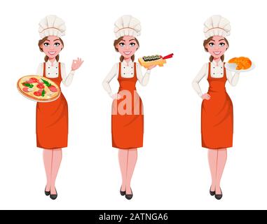 Beautiful young chef woman, set of three poses. Pretty cook lady in professional apron and hat holds pizza, holds rolls and holds croissants. Stock ve Stock Vector