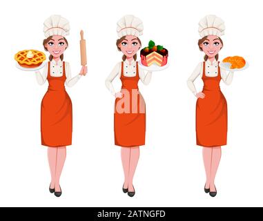 Beautiful young chef woman baker, set of three poses. Pretty cook lady in professional apron and hat. Stock vector illustration Stock Vector