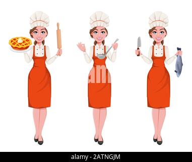 Beautiful young chef woman, set of three poses. Pretty cook lady in professional apron and hat. Stock vector illustration on white background Stock Vector