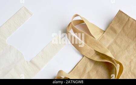 fabric and plastic bag optional for environment concern on white background Stock Photo