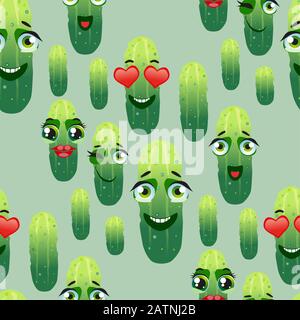 Cute seamless pattern with cartoon emoji cucumber Stock Vector