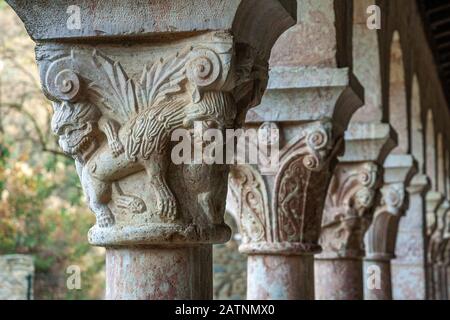 Romanesque capitals, Abbey of San Michele di Cuxa, Codalet Stock Photo